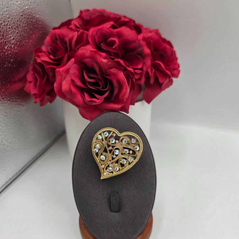 Vintage Gold Tone Heart Shape Brooch Pin White Crystal 1.5"X1.5" Statement Piece